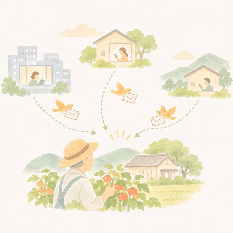 畑で働く父のもとへ、離れて暮らすきょうだいから便りが届くイラスト