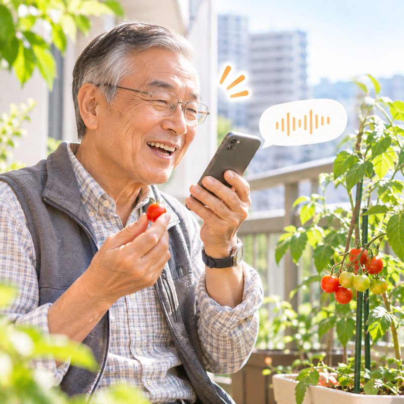 ベランダのミニトマトの前で、スマホに声を吹き込む父のイメージ