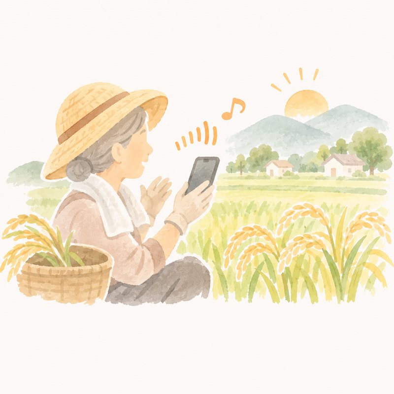 実った稲穂の前で、スマホに話しかける母のイラスト